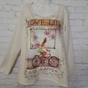 Style & Co. Long Sleeve Graphic Love Life Top Size Medium